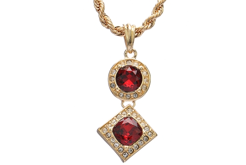 Men's Hip Hop Red Ruby Double Pendant 24" Rope Chain Set KC 7301-1 RD