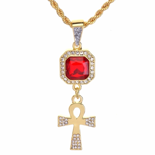 Men's Hip Hop Ankh & Red Ruby Double Pendant 24" Rope Chain Set / NA 0161