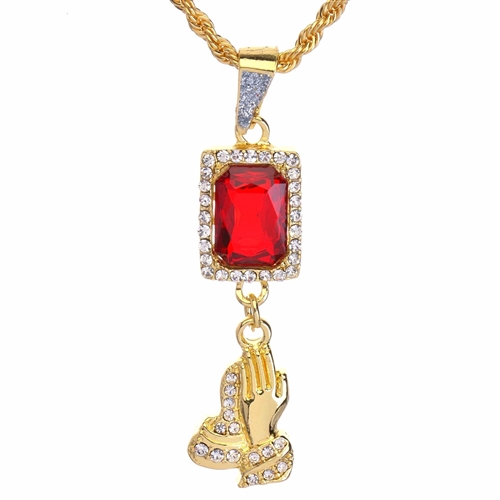 Men's Hip Hop Praying Hands & Red Ruby Double Pendant 24" Rope Chain Set / NA 0174