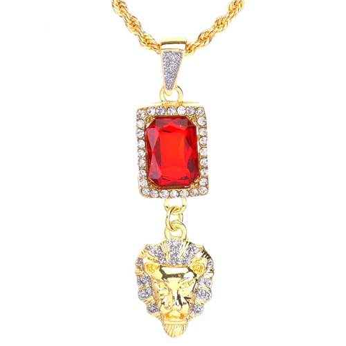 Men's Hip Hop Lion Head & Red Ruby Double Pendant 24" Rope Chain Set / NA 0186